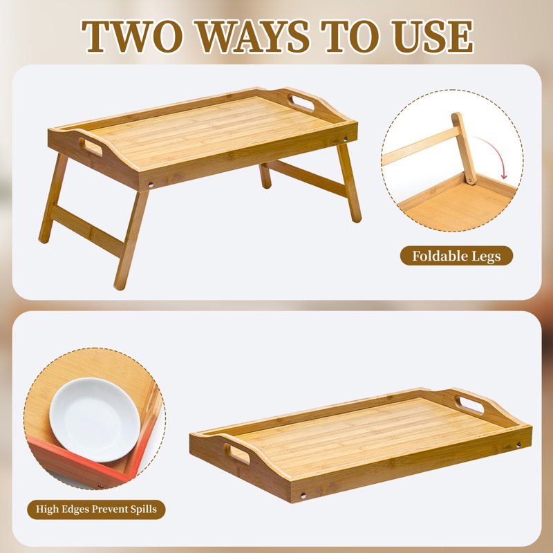 Bamboo Bed Tray Table with Folding Legs and Handles - Multi-Purpose Serving and Laptop Desk