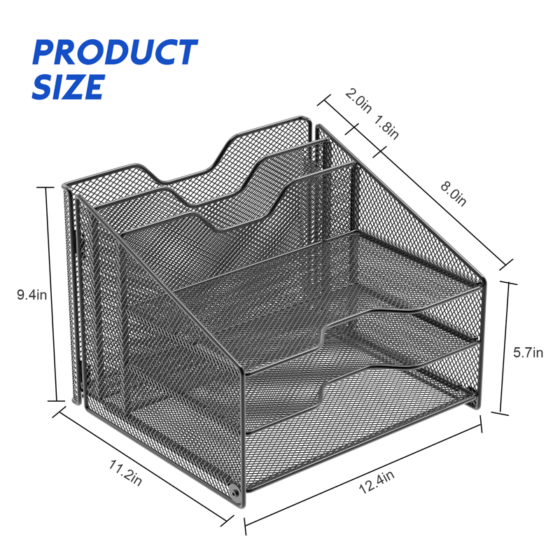 Mesh Desk File Organizer with 3 Paper Trays and Vertical Sections - Black