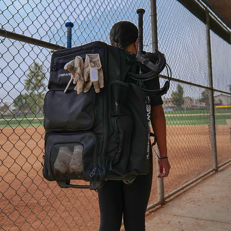Softball Baseball Gear Rolling Bag with Multiple Pockets & Hanging Hooks
