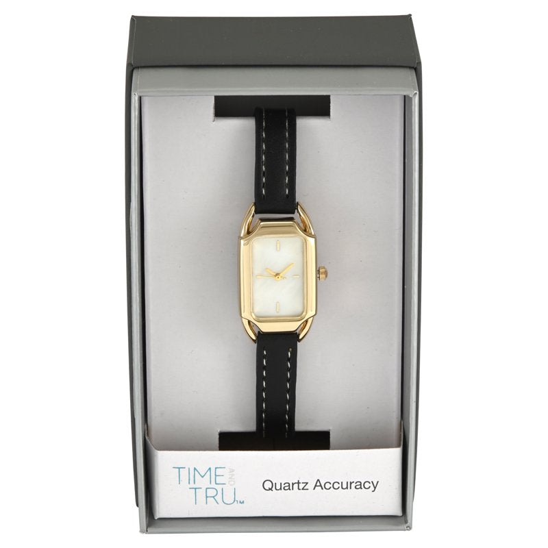 Ladies Goldtone Tank Case Watch with Black PU Strap - Time & Tru