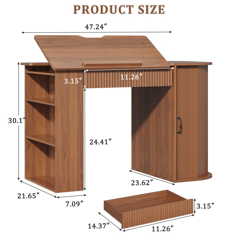 Wood Drafting Desk with Charging Station, Tiltable Surface & Storage