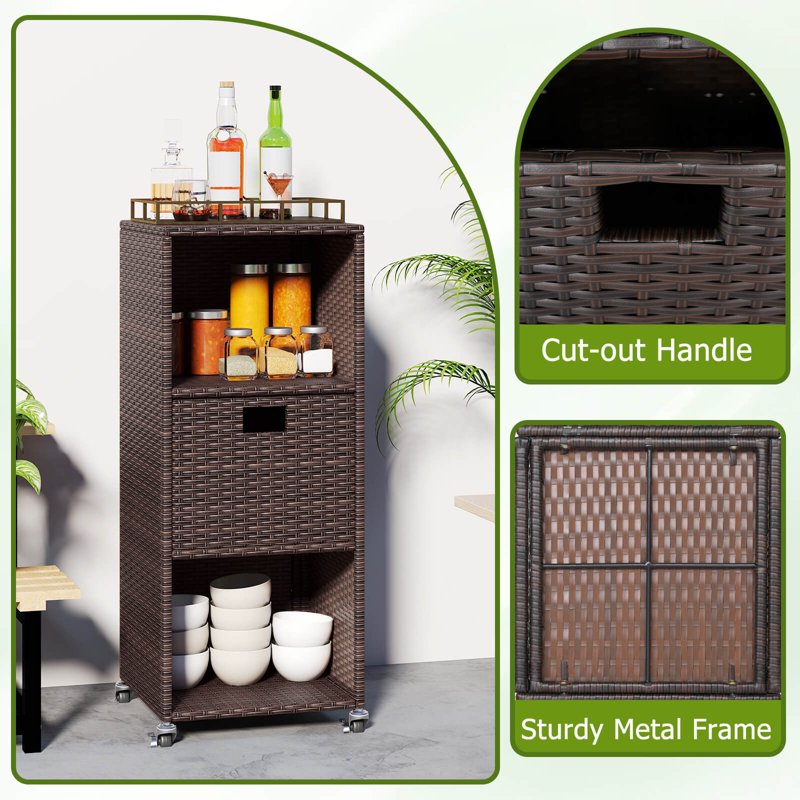 Outdoor Storage Cabinet with Shelves, Drawer & Wheels for Porch Garden