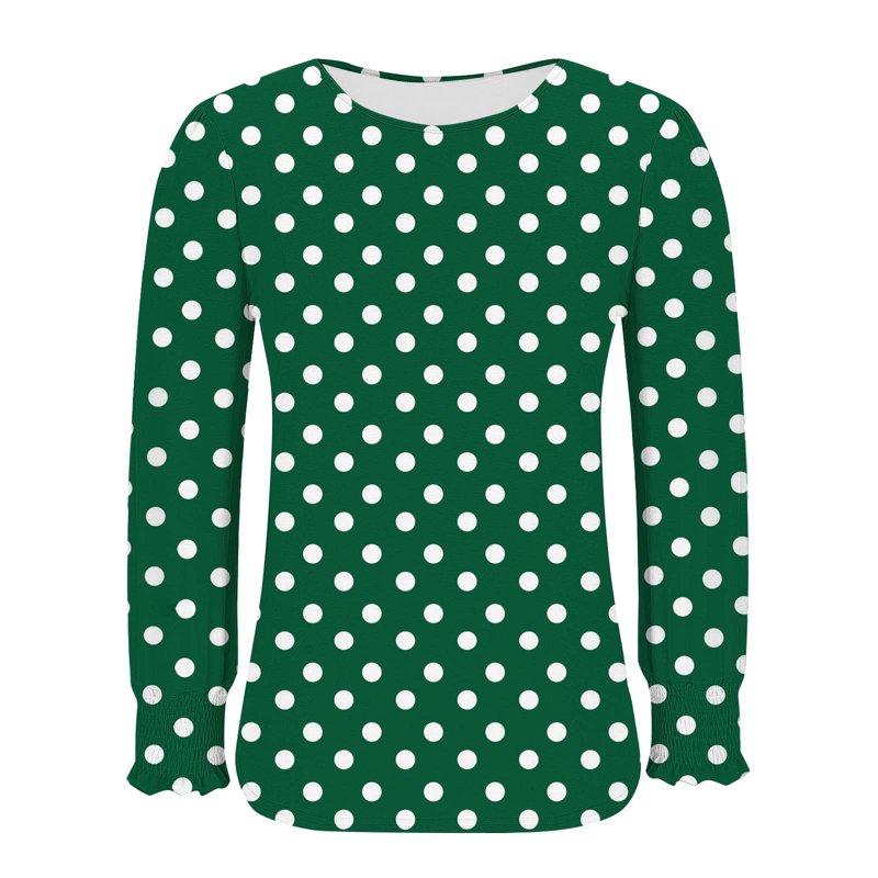 Polka Dot Flowy Blouses for Women - Relaxed Army Green Work Shirts, Crew Neck Long Sleeve