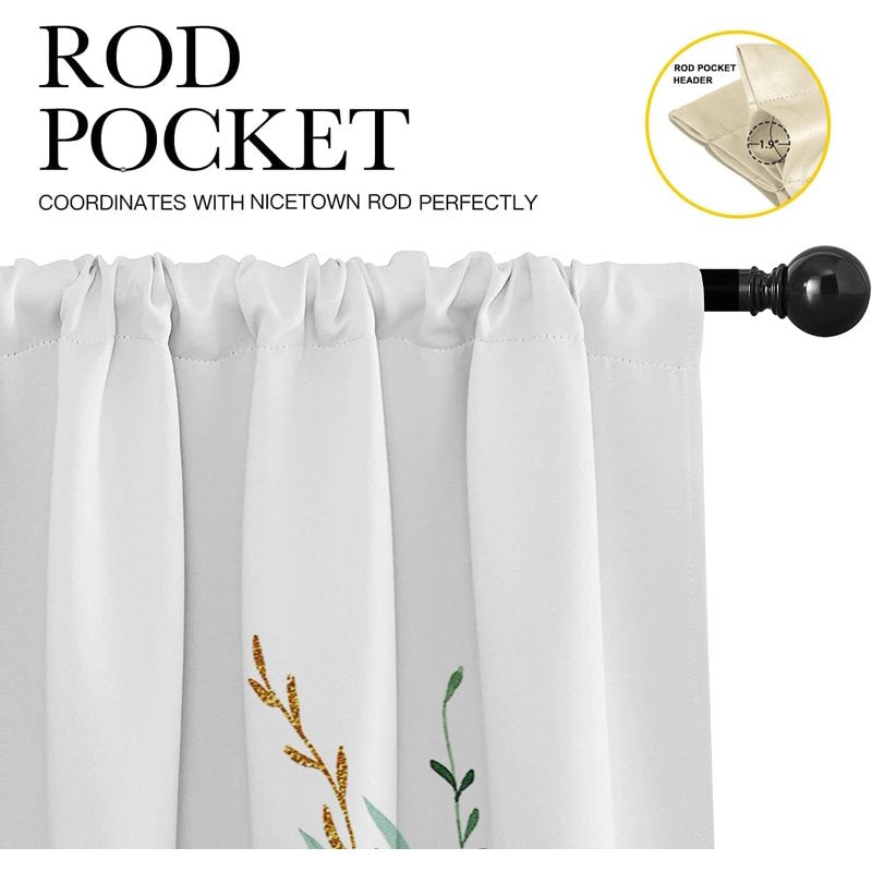 2 Pack Window Valances with Eucalyptus Leaf Pattern - Adjustable Cotton Curtains for Living Room & Kitchen, 18x52 Inch