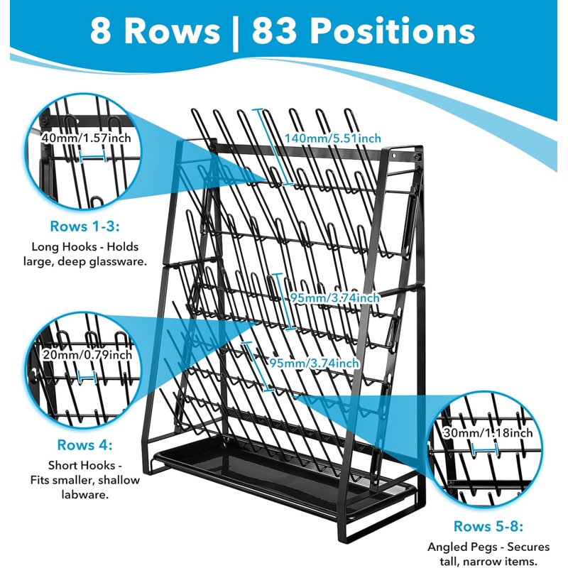Lab Glassware Drying Rack Wall Mount & Countertop Steel Wire Holds 83 Items