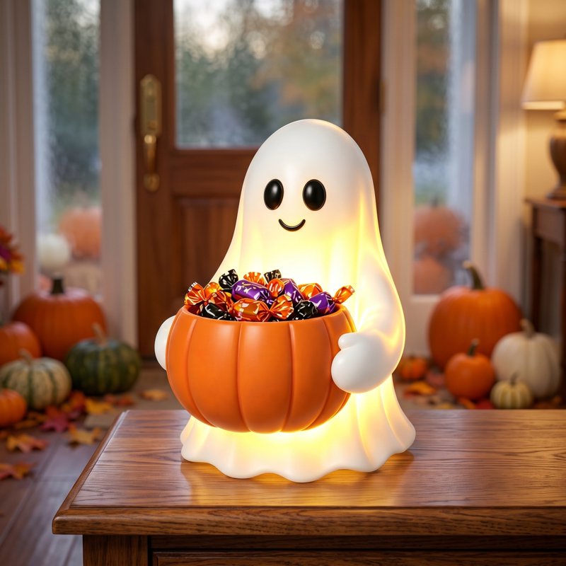 Lighted Halloween Ghost Candy Bowl with LED Illumination and Pumpkin Bucket - Outdoor Indoor Decor