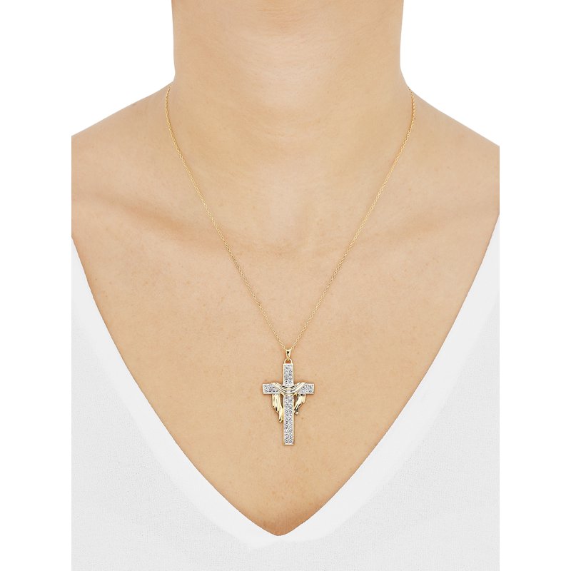 Sterling Silver and 18K Gold Plated Crystal Cross Pendant Necklace - 18 Inch
