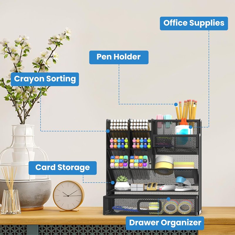 Multifunctional Desktop Organizer with Drawer and Pen Holders - Office & Art Supplies