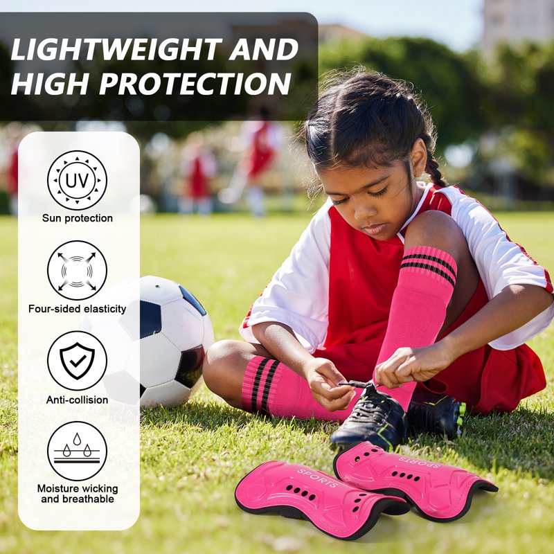 2 Pairs Kids Soccer Shin Guards & Socks Set - Lightweight Protective Shin Pads, 3-15 Years, Black & Rose Red