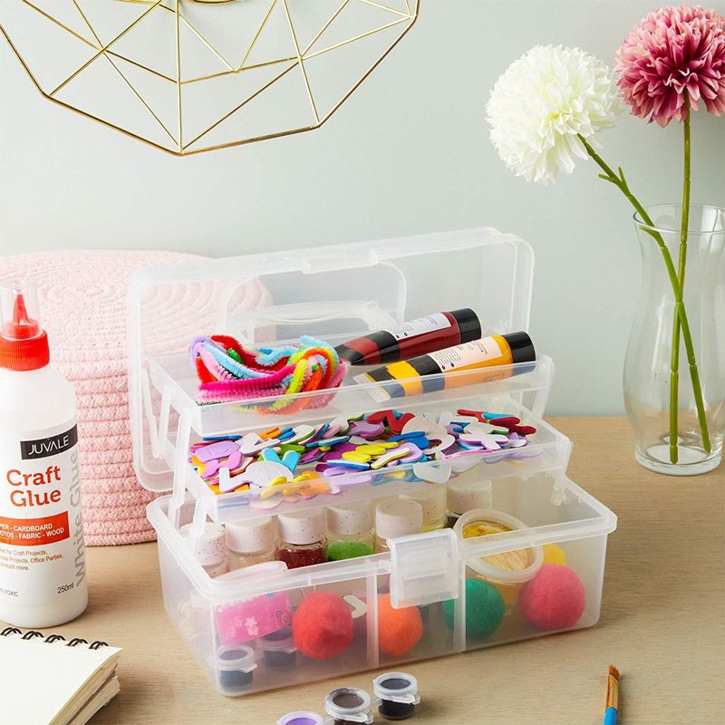 Clear Art Supply Organizer Box with 2 Removable Trays - Craft Storage Case