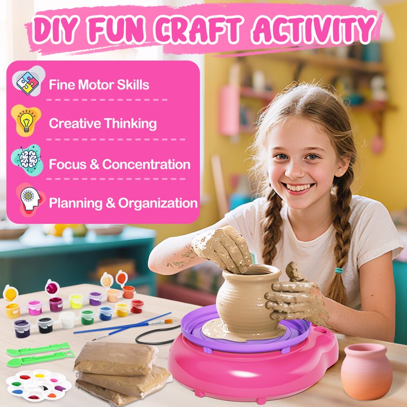 Kids Pottery Wheel Kit for Ages 6+ with Clay Sculpting & Painting Supplies