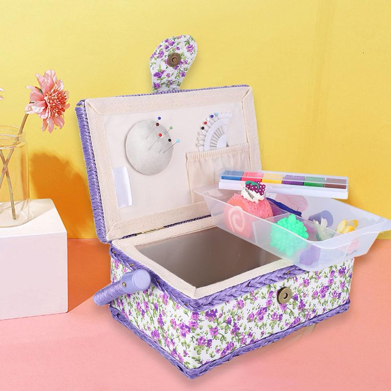Handmade Sewing Basket Organizer with Double Layer Storage & Floral Print