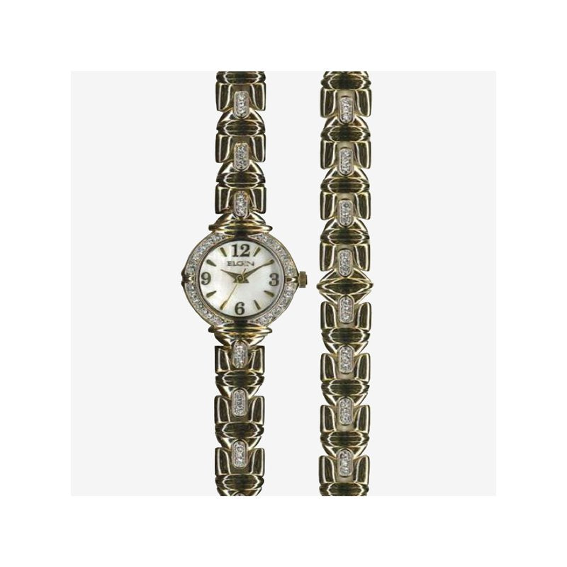 Gold Plated Women's Quartz Watch with Mother of Pearl Dial and Matching Bracelet Set