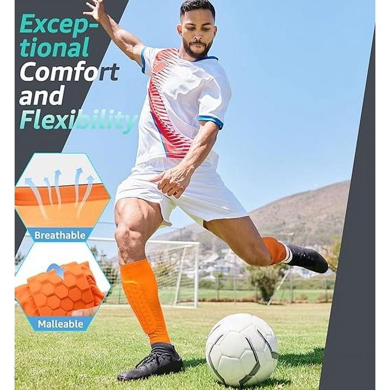 Shin Guards for Soccer Kids & Adults with Honeycomb EVA Padding - L Orange (1 Pair) - Calf Compression Sleeve