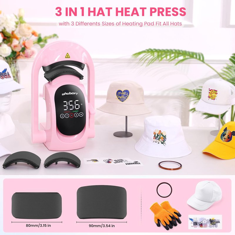 3-in-1 Cap Heat Press Machine with Replaceable Heating Pads - Pink