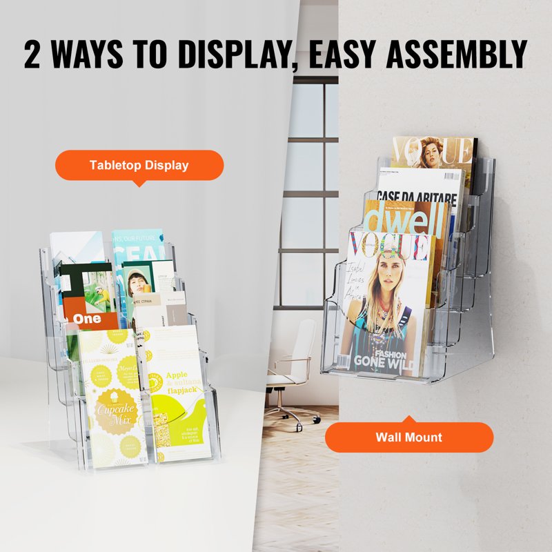 Acrylic Brochure Holder 8.5x11 Inch 4-8 Pocket Display Rack with Detachable Divider