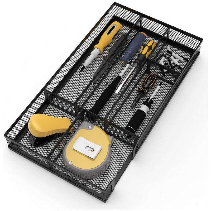 Metal Mesh Drawer Organizer for Office Supplies and Household Items - 6 Compartments, Black, 11x6.1x1.38 Inches