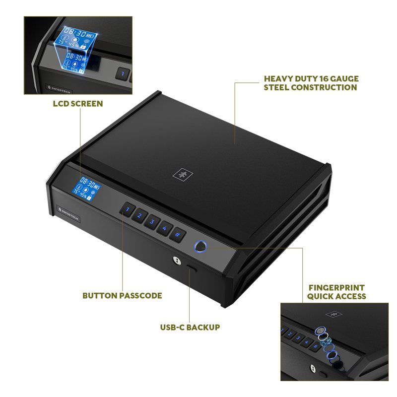 Biometric Gun Safe for 2 Handguns with LCD Display USB-C Emergency Power
