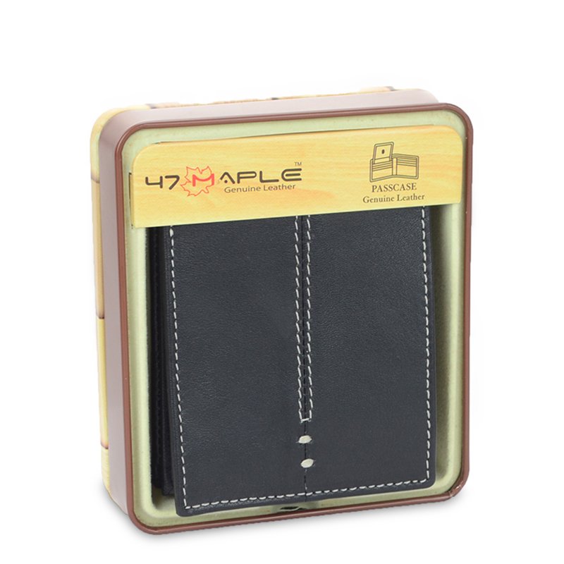 Genuine Leather RFID Passcase Wallet with Center Stitch Design in Tin Box