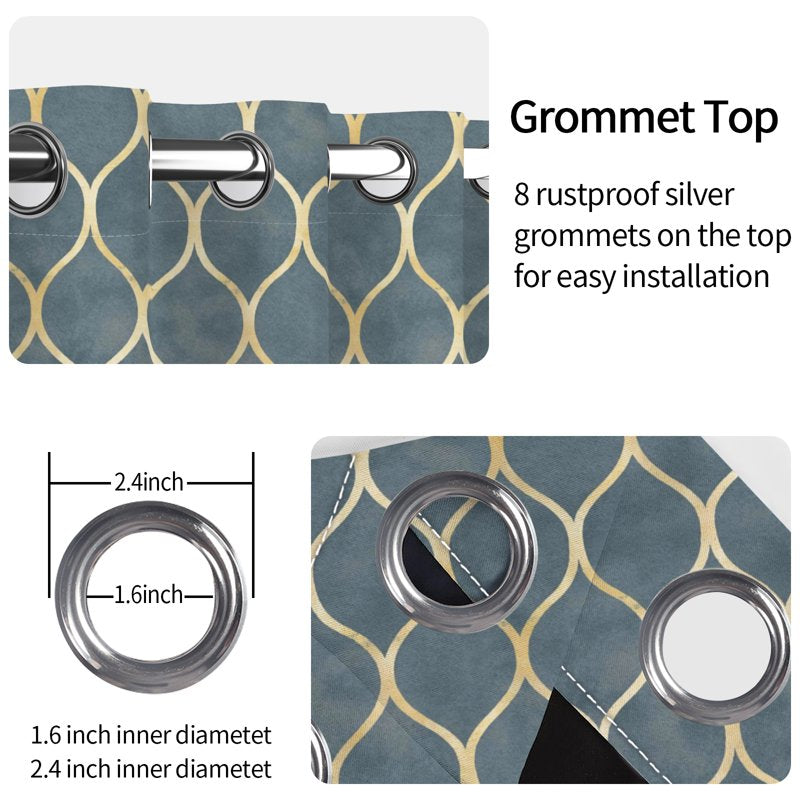 Blackout Grommet Curtains with Geometric Gold Design - Insulated Room Darkening Drapes