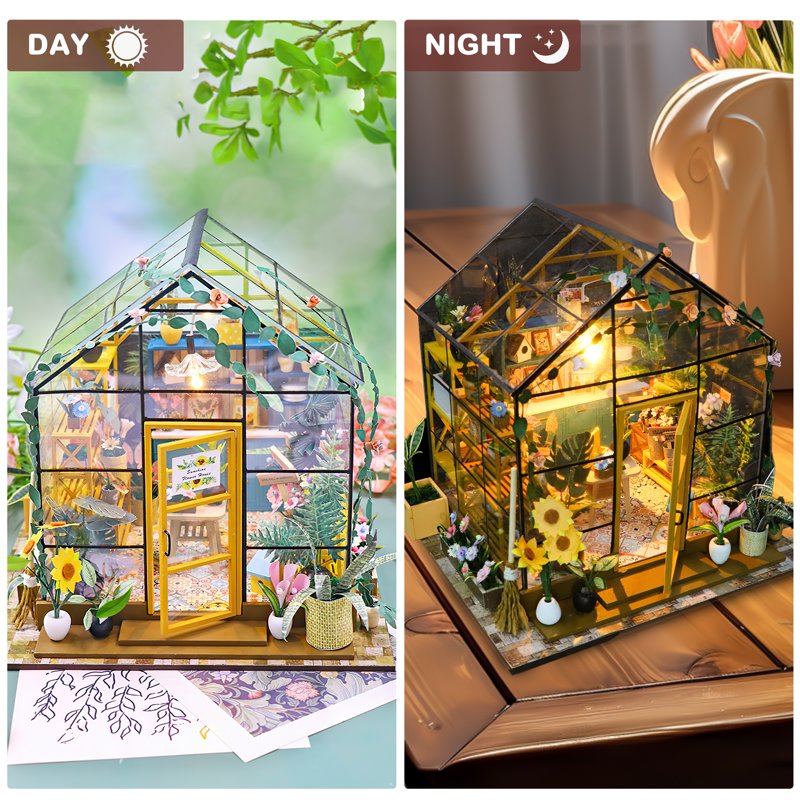 DIY Miniature Dollhouse Kit with LED Lights and Furniture - Green House Craft Model