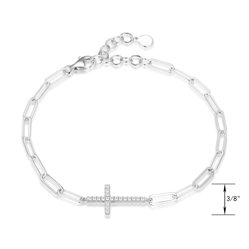 Sterling Silver CZ Cross Paperclip Bracelet with Extender - Hypoallergenic Jewelry