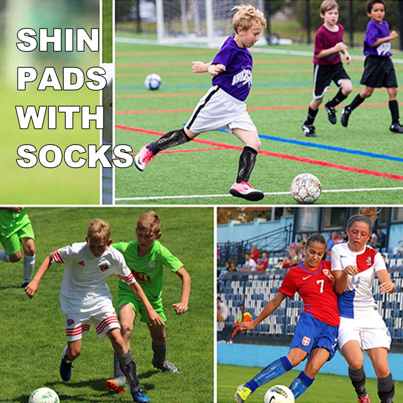 Kids Soccer Shin Guards with Socks Set - 2 Pairs Calf Protection, Blue & Black