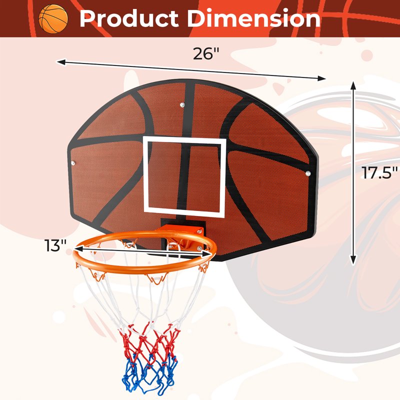 26-Inch Wall Mounted Basketball Hoop Set with Shatterproof Backboard Indoor Toy Gift