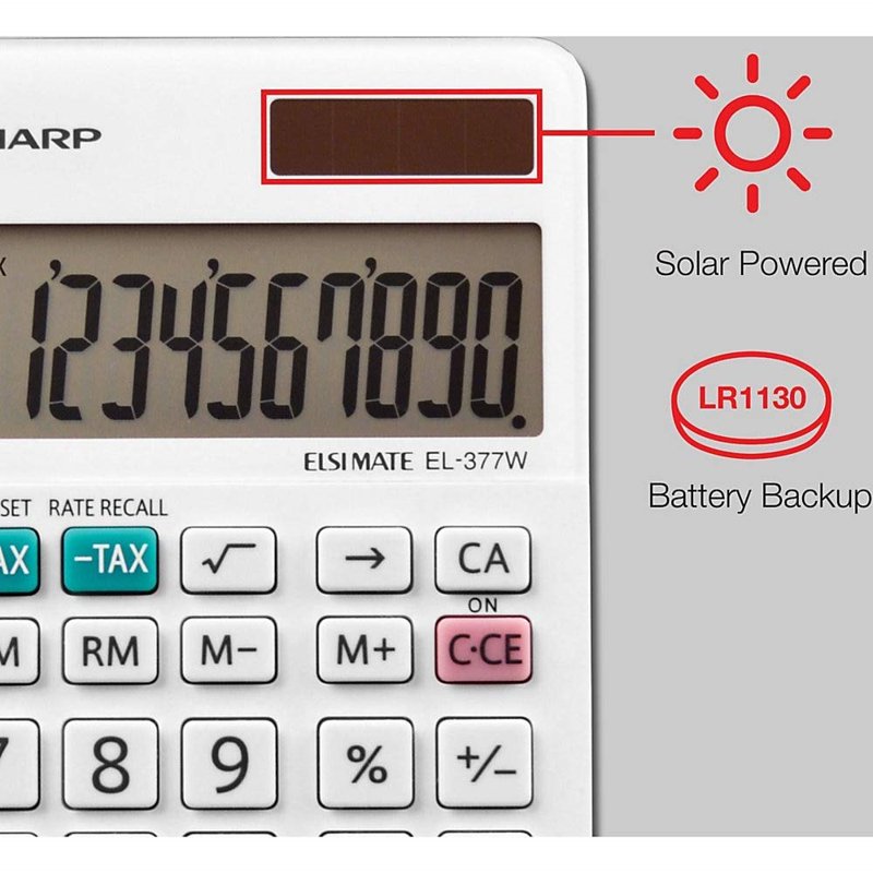 10-Digit Handheld Calculator with Solar Power & Large LCD, White