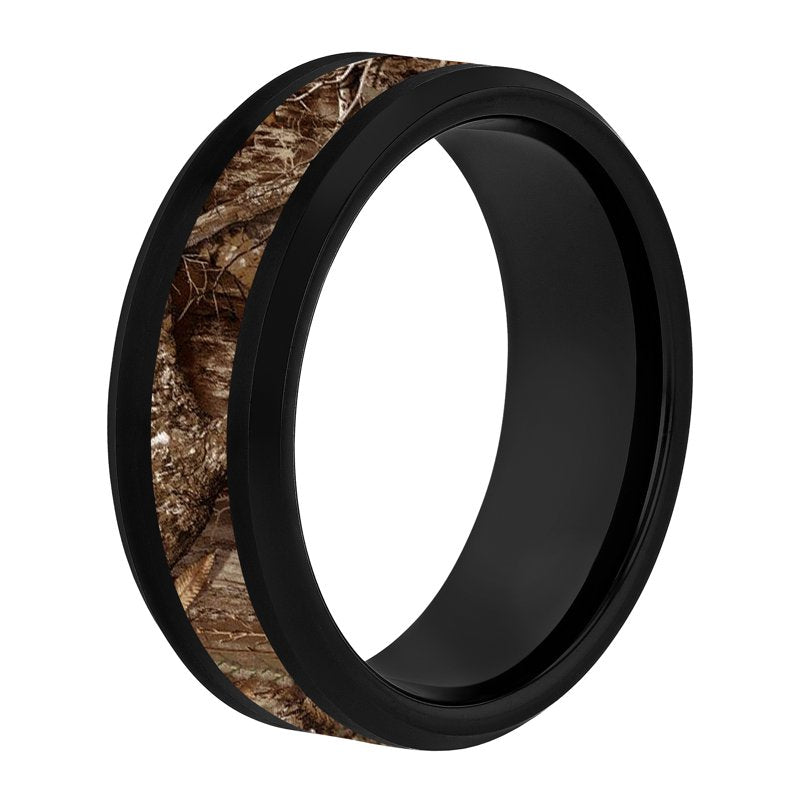Men's Black Tungsten Wedding Band with Brown Camo Center 8MM Beveled Edges