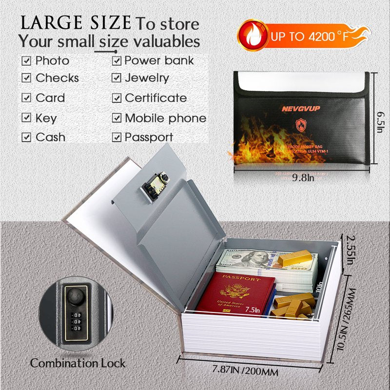 Fireproof Book Safe with Combination Lock and Fire-Resistant Money Bag, 10.5 x 7.9 x 2.5 Inches