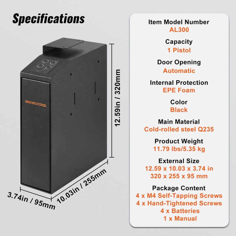 Mounted Gun Safe with Fingerprint, Key & Password Access – Compact Pistol Safe for Home & Bedside