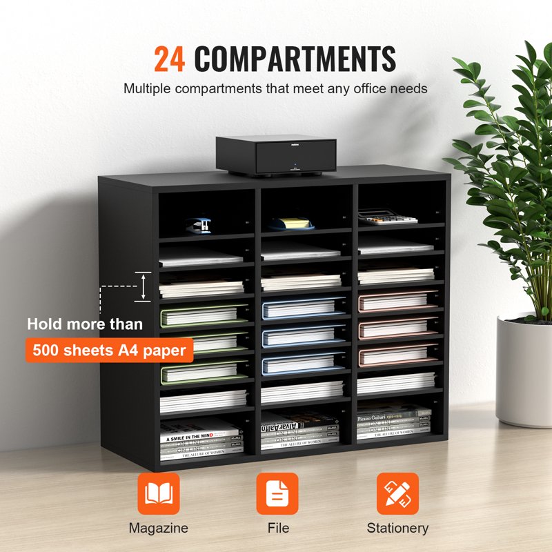Wooden Document Storage Box with 24 Adjustable Compartments - Black