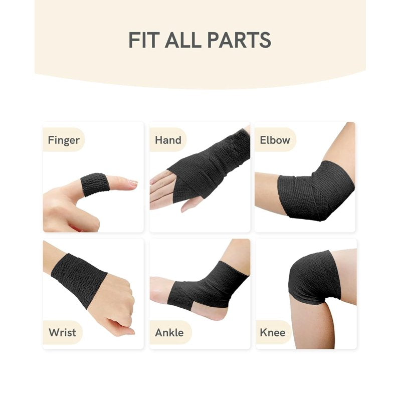 Self Adhesive Cohesive Bandage Wrap 2 Inch x 5 Yards - Black, 6 Pack