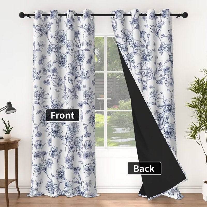 Blue Floral Pattern Blackout Curtains Set of 2 - Room Darkening Grommet Drapes 42x63 Inches