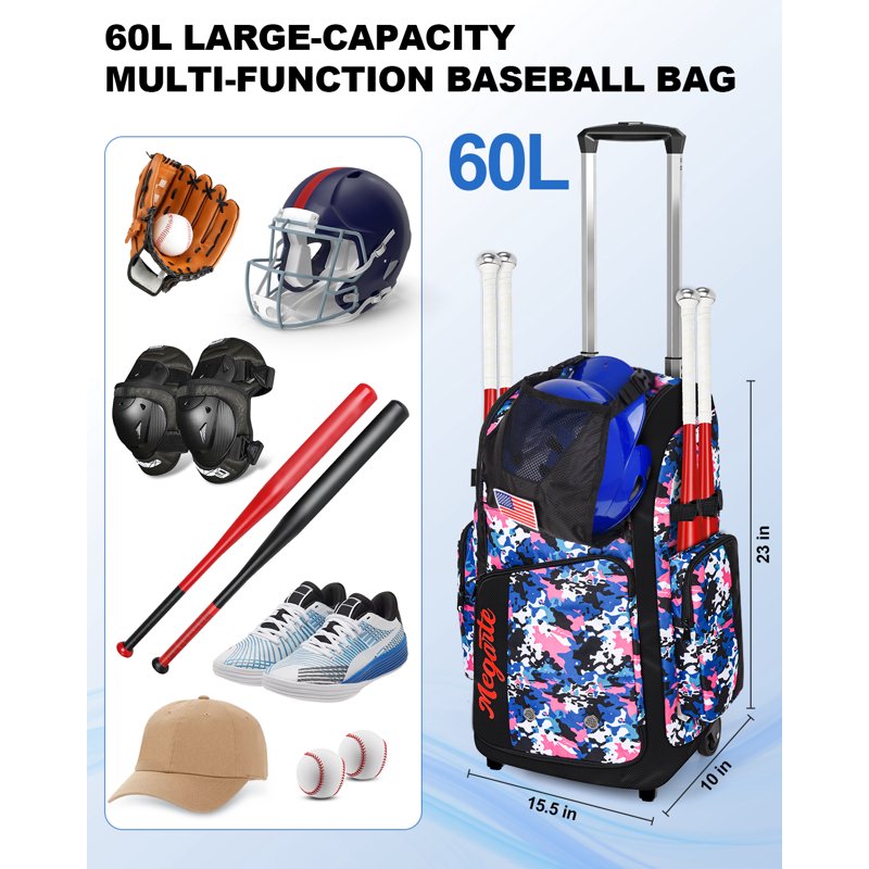 Rolling Baseball Bag with Wheels 60L Equipment Backpack for Youth & Adults