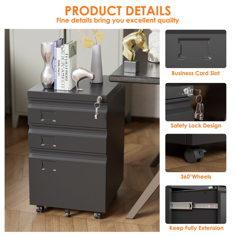Mobile File Cabinet with Lock - 3 Drawer Vertical Under-Desk Storage for Letter and Legal Files