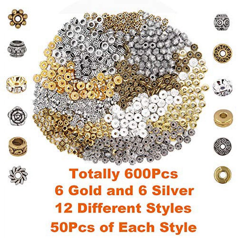 600pcs Jewelry Bead Spacer Set - Silver & Gold Alloy Charms for DIY Bracelets & Necklaces