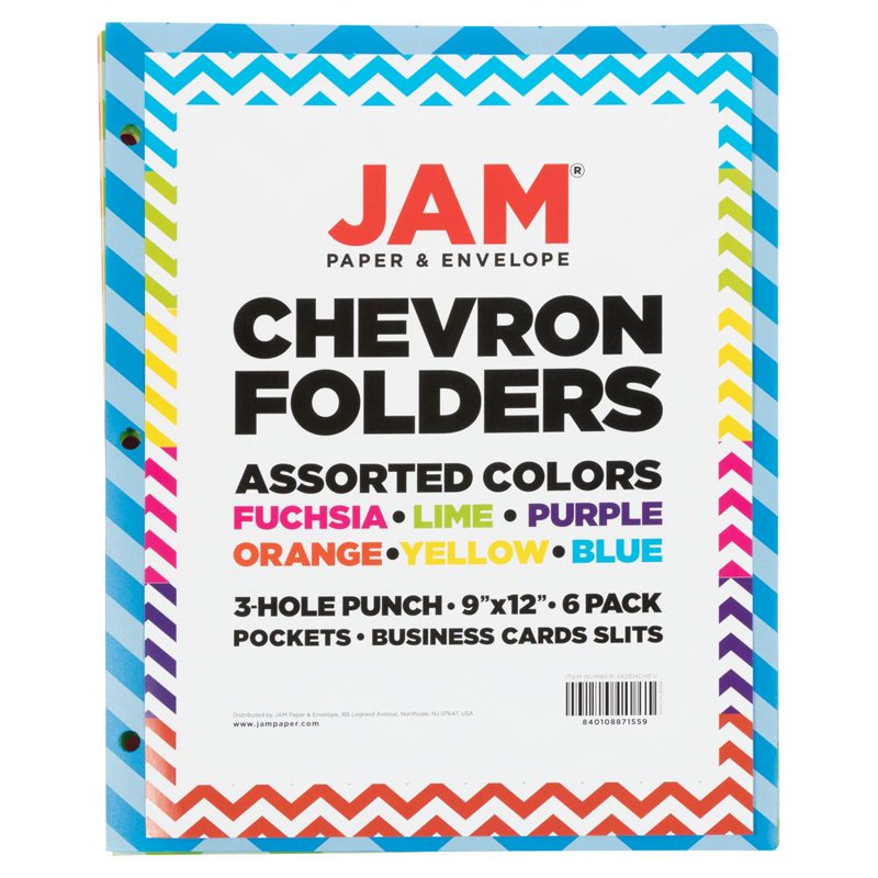 Chevron Pattern Plastic File Folders with 3-Hole Punch - Assorted Colors, 6 Pack