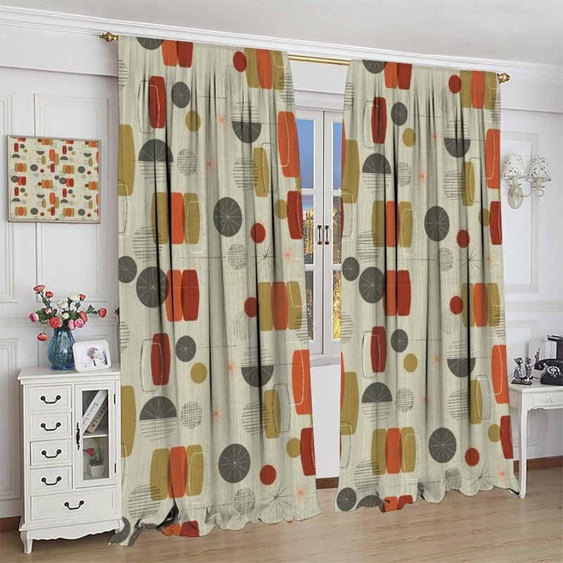 Mid Century Geometric Pattern Curtains - Insulated Room Darkening Drapes, 2 Panels