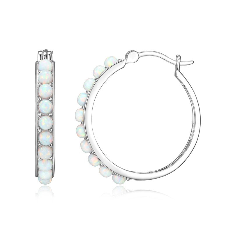Women's Platinum Over Sterling Silver Created Opal Hoop Earrings 3x2mm