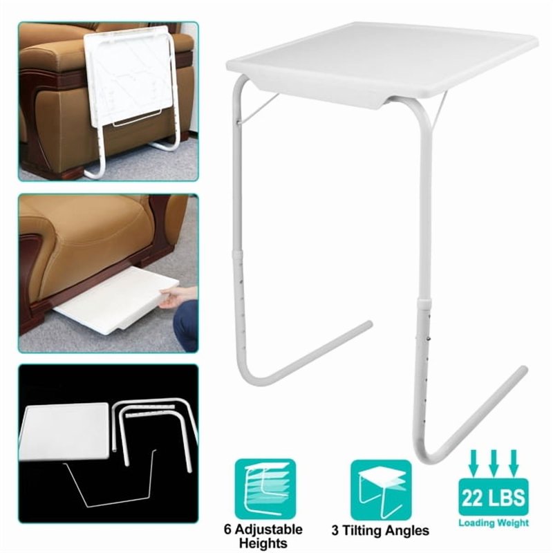 Adjustable Foldable TV Tray Table with Cup Holder & Book Stand, White