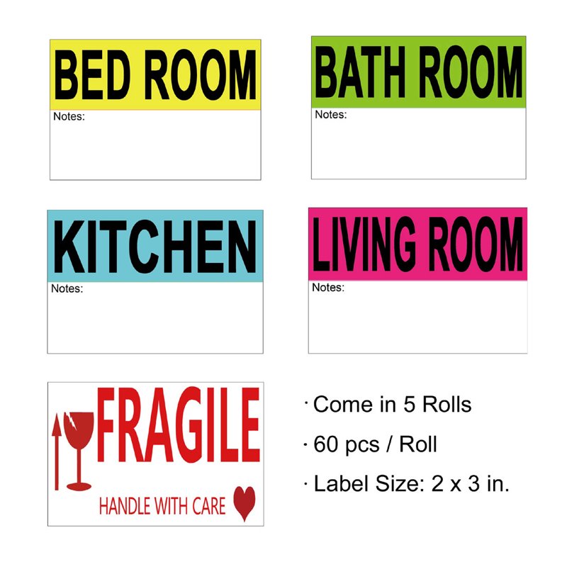 Home Moving Labels 300 Pack - 3x2 Inch Color Coded Adhesive Stickers for Boxes