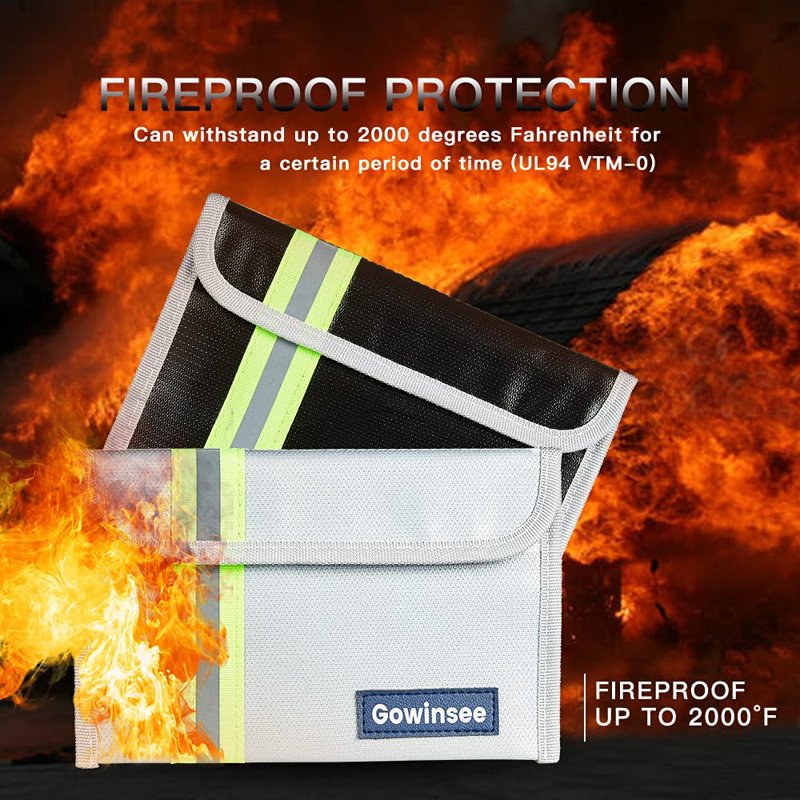 8x5 Inch Fireproof Document Bag Waterproof Safe Bag for Valuables - Black+Gray 2 Pack