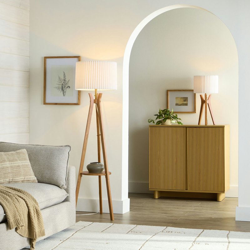 Natural Wood Tripod Floor Lamp with Pleated Shade and Shelf