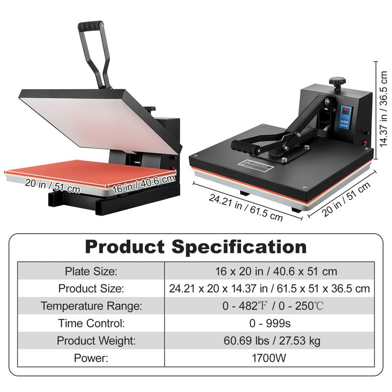 16x20 Heat Press Machine 1700W for T-Shirts & Sublimation Transfers
