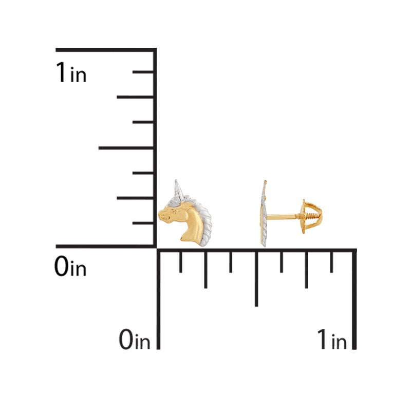 Girls 10K Gold Unicorn Earrings with Rhodium Finish Safe Screw Backs