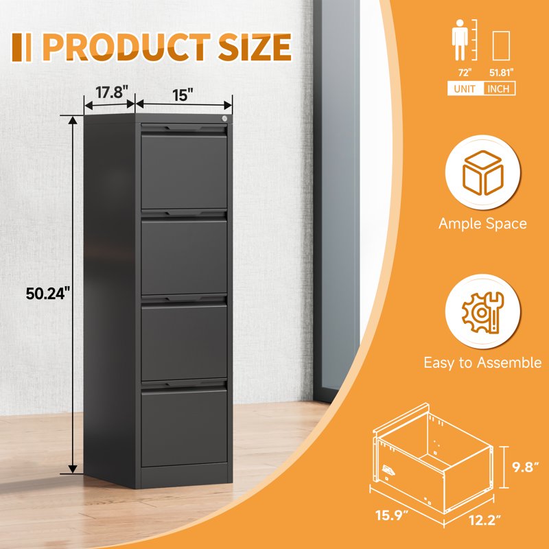Metal File Cabinet with Lock, 4 Drawers Home Office Storage Organizer
