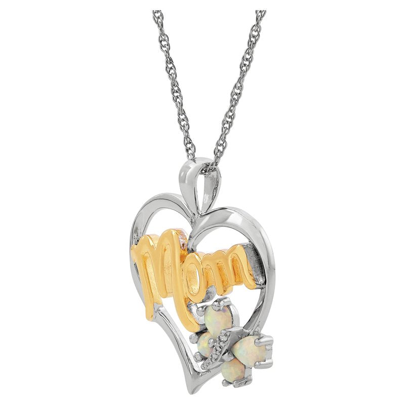 Sterling Silver 'Mom' Heart Pendant with Opal and Diamond Accent - 18" Necklace