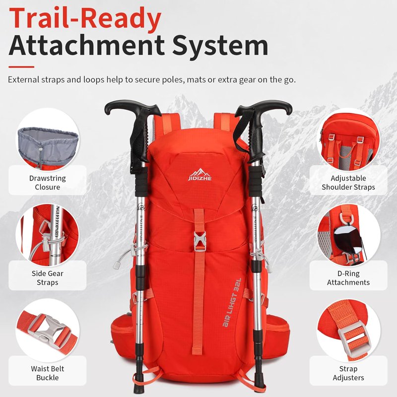 JIDIZHE 32L Hiking Backpack with Internal Frame & Rain Cover - Red004, Lightweight Daypack for Hiking, Camping & Travel